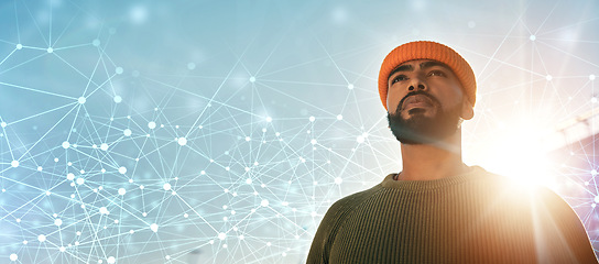 Image showing Thinking, banner and man outdoor on lens flare, space and travel in low angle on network overlay for connection. Sunshine, serious and confident person in clothes for fashion, style and cool idea