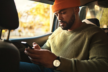 Image showing Man, using phone in car and social media, travel and transportation, navigation app and communication. Email, chat and taxi cab, technology and text message with transport and search location online
