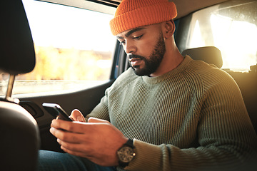 Image showing Man, smartphone in car and social media, travel and transportation, navigation app and communication. Email, chat and taxi cab, technology and text message with transport and search location online