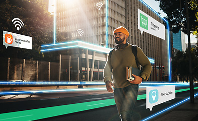 Image showing Augmented reality, hologram and student walking in city with connection for futuristic internet travel in outdoor town. Digital, digital and man commute in metaverse location with online technology