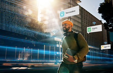 Image showing Augmented reality, connection and student walking in city with hologram for futuristic internet travel in outdoor town. Digital, digital and man commute in metaverse location with online technology