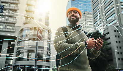 Image showing Student, man and phone or connection hologram in city communication, internet speed and data for urban travel. Young person walking and thinking of mobile integration, social media and street overlay