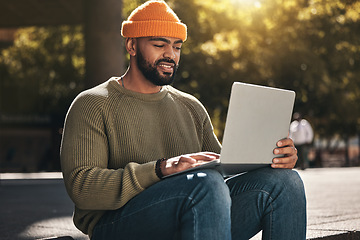 Image showing Business man, laptop and park for outdoor research, job search and freelance planning on social media. African person with remote work, startup career and computer for website marketing and email