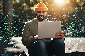 Image showing Man, student and laptop hologram of internet, information technology and software development research on campus. African person on computer, data integration and plexus network and university park