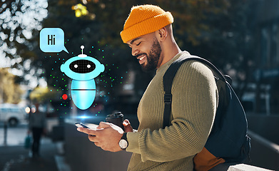 Image showing Happy man, phone and city with hologram for chat bot, automatic response or communication in town. Male person or student smile with mobile smartphone or AI app for networking or online assistance