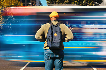 Image showing Person, motion blur and bus traffic on street, urban city and walk to college, transportation and back. Man, cbd and office building on sidewalk, pollution and fashion in travel or commute on road