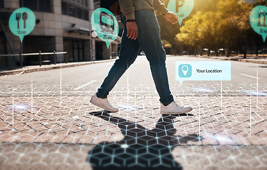 Image showing Augmented reality, hologram and legs walking in city with connection for futuristic internet travel in outdoor town. Digital, digital and person commute in metaverse location with online technology