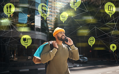 Image showing Man, phone call and shopping bag in city hologram for e commerce, travel connection or integration app. African student talk on mobile of customer service, location icon and plexus or outdoor overlay