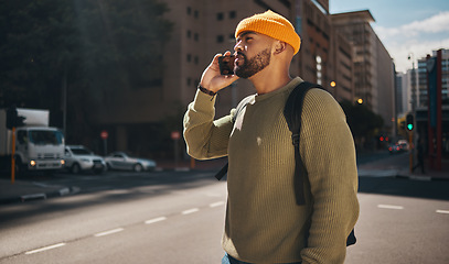 Image showing Student, phone call and walking in city street for college communication, scholarship opportunity and feedback. Man thinking and talking on mobile for college information, contact and travel outdoor