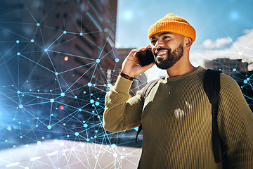 Image showing Man, phone call in city with innovation and digital transformation, conversation and communication. AI generated, cyber and contact, urban location with global network, tech evolution and future