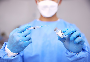 Image showing Man, doctor and hands with syringe for vaccine, injection or flu shot in surgery at hospital. Closeup of male person, nurse or medical worker with needle, vial or vaccination and antibiotic at clinic