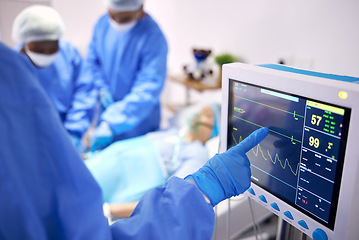 Image showing Monitor, surgery and doctors team doing heart operation for emergency organ treatment or healing anatomy in hospital. Rescue, medical and professional surgeon or healthcare teamwork collaboration