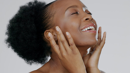 Image showing Happy black woman, face and smile for skincare, natural beauty or cosmetics against a studio background. Closeup of calm African female person or model in relax for spa, facial treatment or soft skin