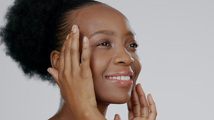 Image showing Face, model and hands with skincare for glow, happiness and cosmetic for facial in studio background. Black woman, healthy skin and dermatology with self care, spa treatment and aesthetic in mockup