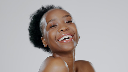 Image showing Black woman, smiling and beauty with glowing skin, face and afro hair for cosmetics, dermatology and natural makeup. Body wellness, moisturised and healthy with clean aesthetic, happiness and fresh