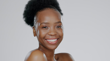 Image showing Face, skincare and beauty of happy black woman in studio isolated on a gray background mockup space. Portrait, natural cosmetics and African model in spa facial treatment, wellness and skin health