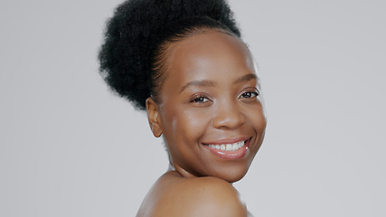 Image showing Face, skincare and beauty of happy black woman in studio isolated on a gray background mockup space. Portrait, natural cosmetics and African model in spa facial treatment, wellness and skin health