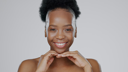 Image showing Face, skincare and beauty of happy black woman in studio isolated on a gray background mockup space. Portrait, natural cosmetics and African model in spa facial treatment, wellness and skin health