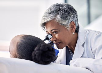 Image showing Ear, test and doctor check patient with hearing problem from infection and in consultation for healthcare. Otolaryngology, medical and professional audiology specialist doing exam with otoscope