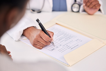 Image showing Doctor, patient and hands writing on documents for prescription, diagnosis or results on table at hospital. Closeup of medical worker filling healthcare paperwork, life insurance or policy at clinic