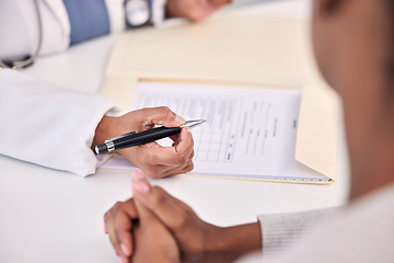 Image showing Doctor, patient and hands writing prescription, diagnosis or checking results on table at hospital. Closeup of medical professional filling healthcare paperwork for life insurance or policy at clinic