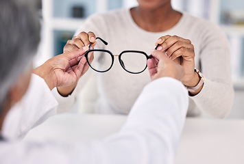 Image showing Optometry, glasses and optician with person in store for eyesight, vision wellness and medical service. Ophthalmology, healthcare and people with frame, prescription lens and spectacles for eye care