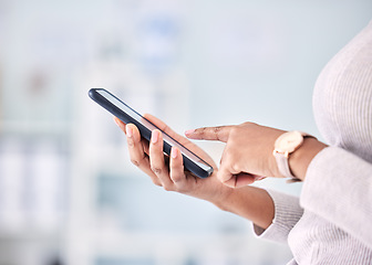 Image showing Woman, phone and hands typing in research, social media or communication for networking at hospital. Closeup of female person or patient on mobile smartphone for Telehealth or online search at clinic