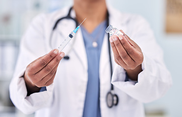 Image showing Hands, doctor with needle and vaccine bottle for healthcare, safety from virus and medicine in hospital. Pharmaceutical drugs, person has container and syringe for immunity with health and wellness