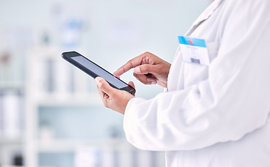 Image showing Doctor, phone and hands typing in research, social media or communication and networking at hospital. Closeup of medical nurse or healthcare professional on mobile smartphone for health app at clinic