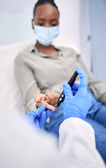 Image showing Hospital, diabetes pen and woman with doctor for glucose test, sugar level and high blood pressure. Healthcare, monitor and patient with health worker for hypertension, wellness and consultation