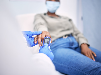 Image showing Hospital, diabetes and woman with doctor for glucose test, sugar level and high blood pressure. Healthcare, digital monitor and patient with health worker for hypertension, wellness and consultation