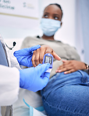 Image showing Healthcare, diabetes and woman with doctor for glucose test, sugar level and high blood pressure. Hospital, digital monitor and patient with health worker for hypertension, wellness and consultation