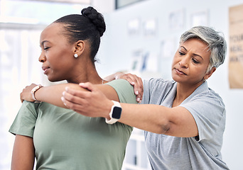 Image showing Shoulder pain, physical therapy and chiropractor with patient, injury and healthcare with help and women at clinic. Physiotherapy, stretching muscle and anatomy with body, support and trust in health
