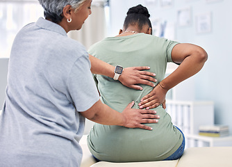 Image showing Back pain, physical therapy and chiropractor with patient, spine injury and healthcare with help and people at clinic. Physiotherapy, massage and anatomy with body, support and trust in health