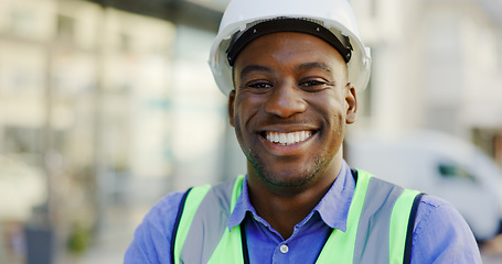 Image showing Happy man, engineering portrait and construction site, project management or outdoor, city building. Face of african person, builder or architecture worker in urban development or property renovation