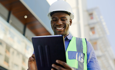 Image showing Black man in construction, tablet and architect working on floor plan, inspection and maintenance job outdoor. Check digital blueprint for architecture project, design software and quality assurance