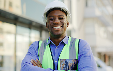 Image showing Black man, portrait and construction worker arms crossed, architect or contractor smile with pride. Architecture, infrastructure with urban development and professional engineer outdoor at job site