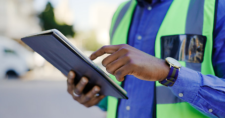 Image showing Hands, tablet and person in construction or architect working on floor plan, inspection and maintenance job. Check digital blueprint for architecture project, design software and quality assurance