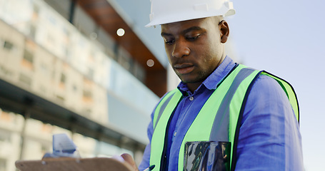 Image showing Black man, architect and writing in city for construction planning, engineering or safety compliance. African male person, contractor or builder taking notes on site for architecture or inspection