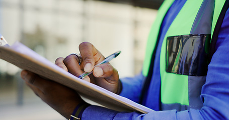 Image showing Hands, clipboard and person in construction, writing and inspection, architect or contractor at maintenance job. Assessment, review and check blueprint for architecture project for quality assurance