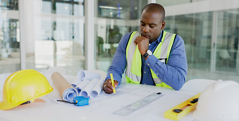 Image showing Black man, architect and thinking while drawing blueprint for construction job, engineering and design with developer. Contractor, ideas and architecture project with floor plan and productivity