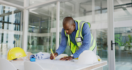 Image showing Black man, architect and drawing blueprint for construction job, engineering and design with developer. Contractor, maintenance and architecture project with floor plan, paperwork and productivity