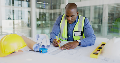 Image showing Black man, architecture and drawing blueprint for construction job, engineer and design with developer. Contractor, remodeling and architect working on project floor plan with productivity and sketch