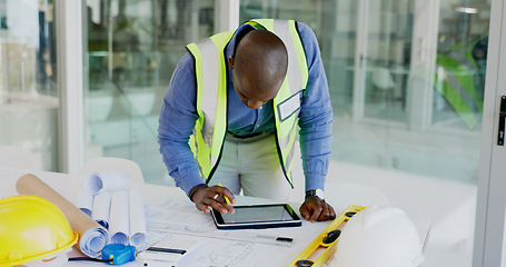 Image showing Black man, tablet and review floor plan, construction or architect working on maintenance job in office. Assessment, digital blueprint for architecture project and productivity with design software