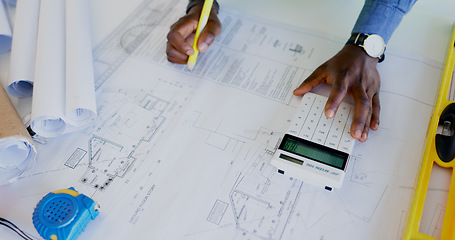 Image showing Architecture, hands and calculator for blueprint planning. ratio check and numbers or project development design. Designer, contractor or engineering worker with floor plan strategy, sketch and lines