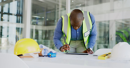 Image showing Black man, tablet and check floor plan for construction or architect working in office, contractor and maintenance. Review digital blueprint for architecture project, productivity and design software