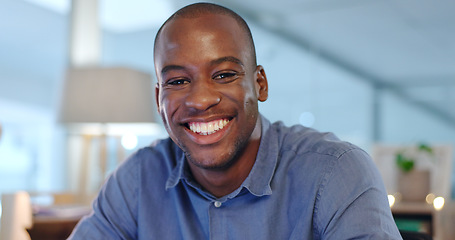 Image showing Black man, portrait and manager with smile at desk in office for with pride, confidence and success in entrepreneurship. Businessman, face and happiness for professional or corporate career in Kenya