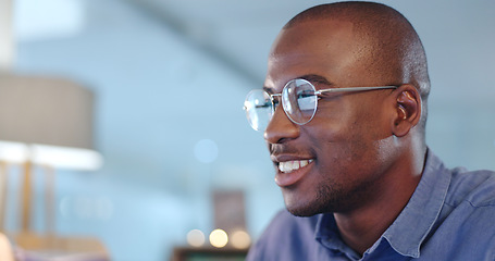 Image showing Reading, research and professional businessman in the office planning legal project with deadline. Focus, glasses and professional African male attorney working on a law case in workplace at night.