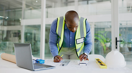 Image showing Architecture, man and calculator for blueprint planning. ratio check and numbers or project development in office. African designer or engineering worker for floor plan strategy, sketch or statistics