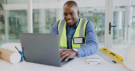 Image showing Laptop, smile and a black man architect in an office for planning a building project. Computer, design and a happy young construction worker in the workplace for research as a maintenance contractor